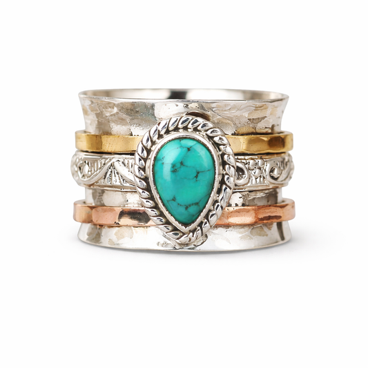 Antique Turquoise Inlaid Gold Silver Ring
