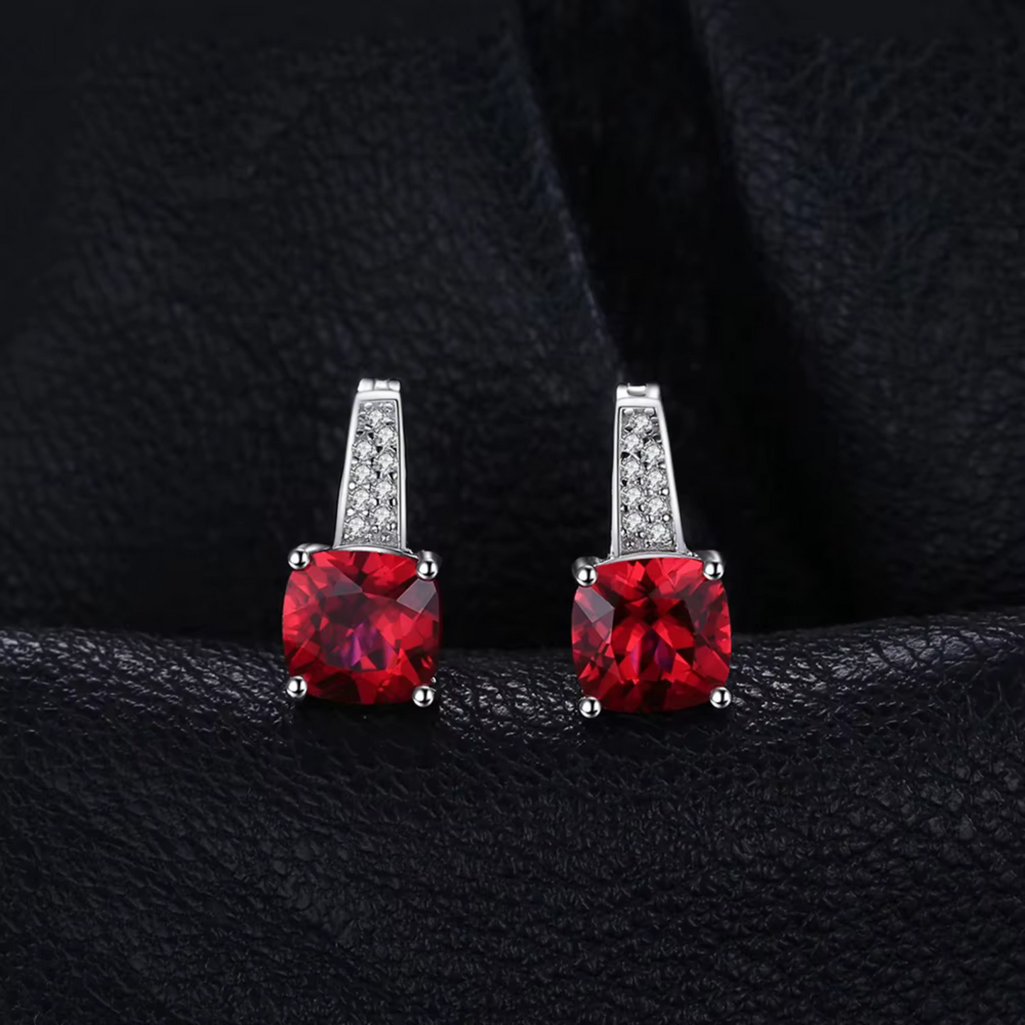 Rhodium-Plated Cushion Ruby Stud Earrings